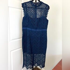 NWT BARDOT Solid Navy Blue Lace Mock Neck Lined Sheath Dress